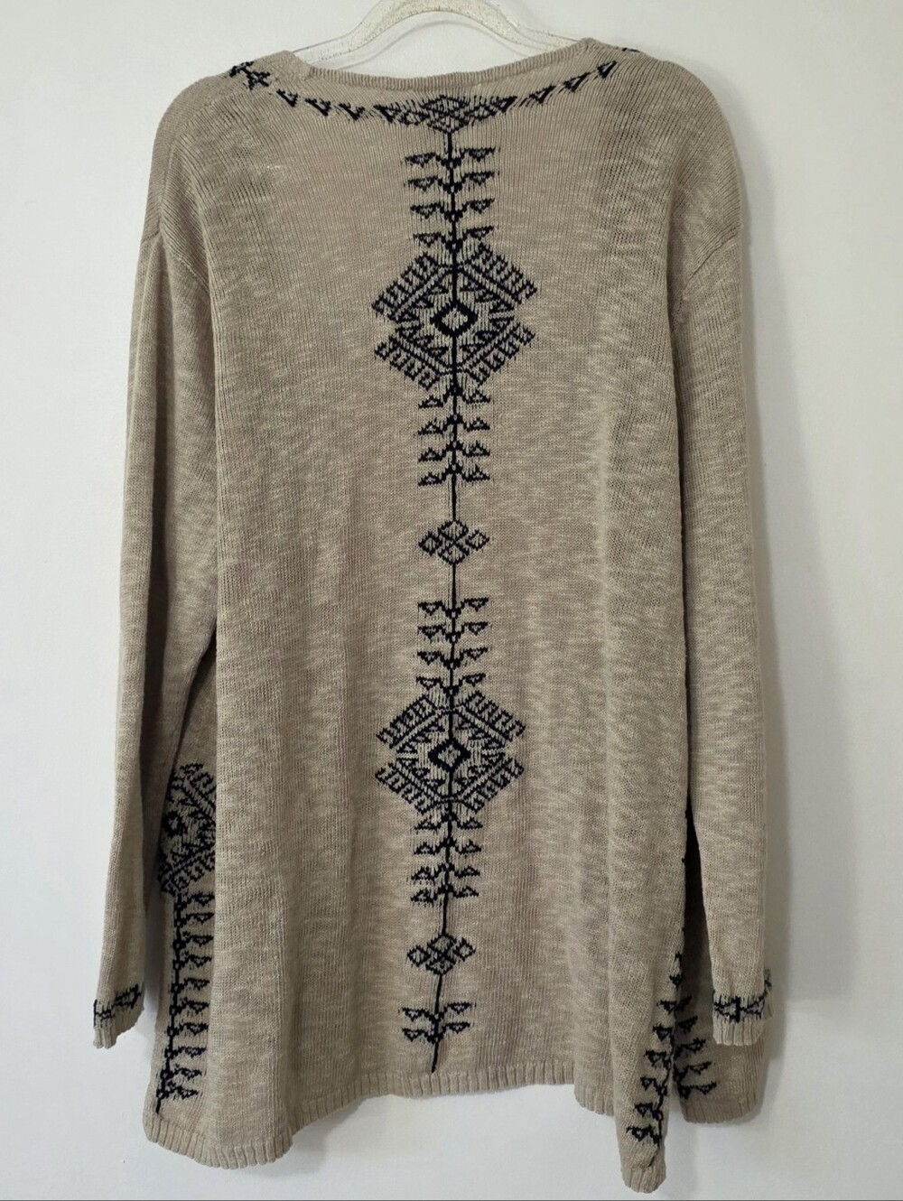 J. Jill Tan & Black Aztec Cotton & Linen Open Front Cardigan Sweater Boho Large
